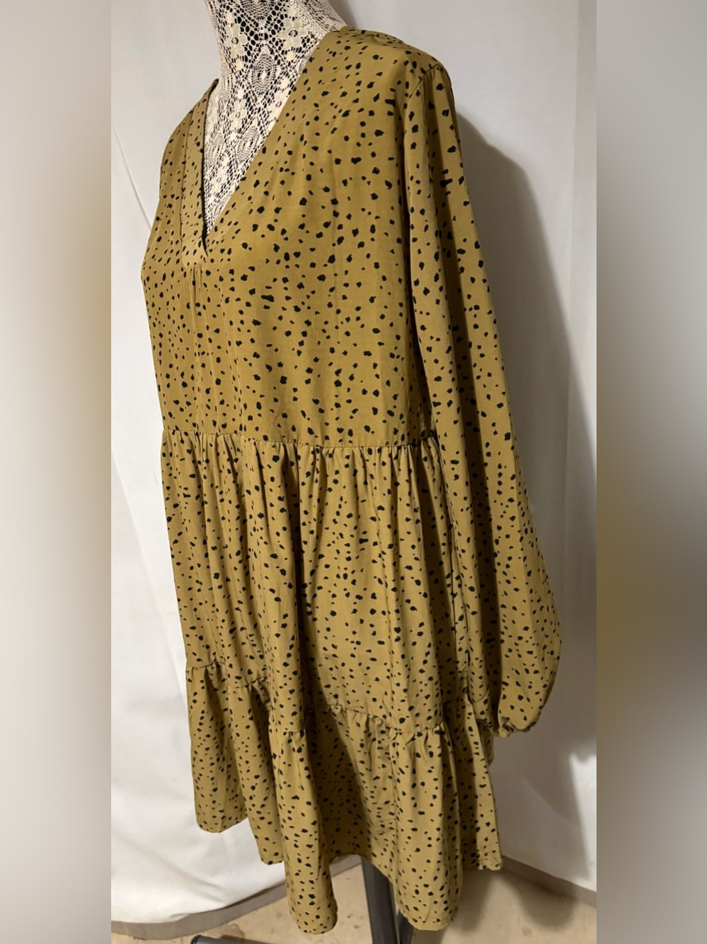 Easel Women’s XL Babydoll Olive Green Black Dot Print Tiered Mini Dress